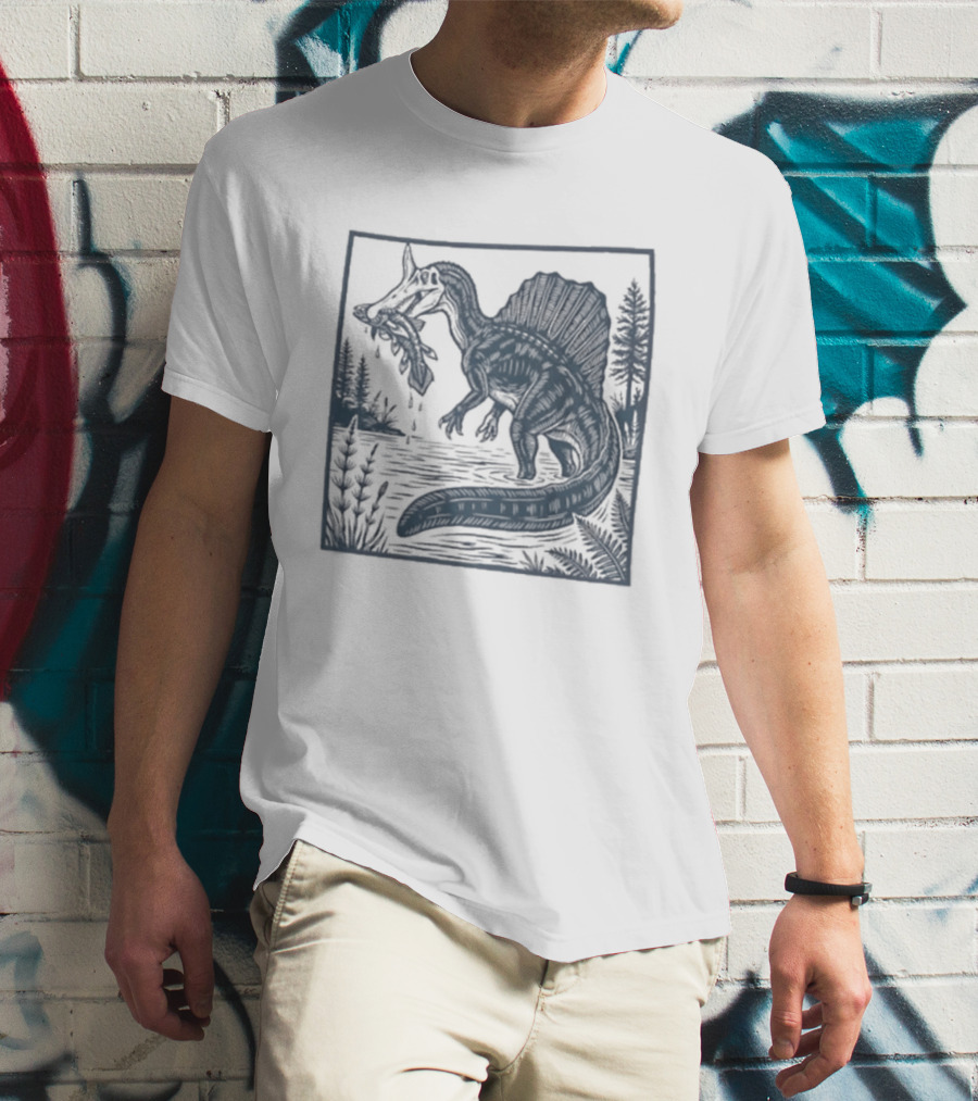 Spinosaurus Catching Fish With Forest T-Shirt