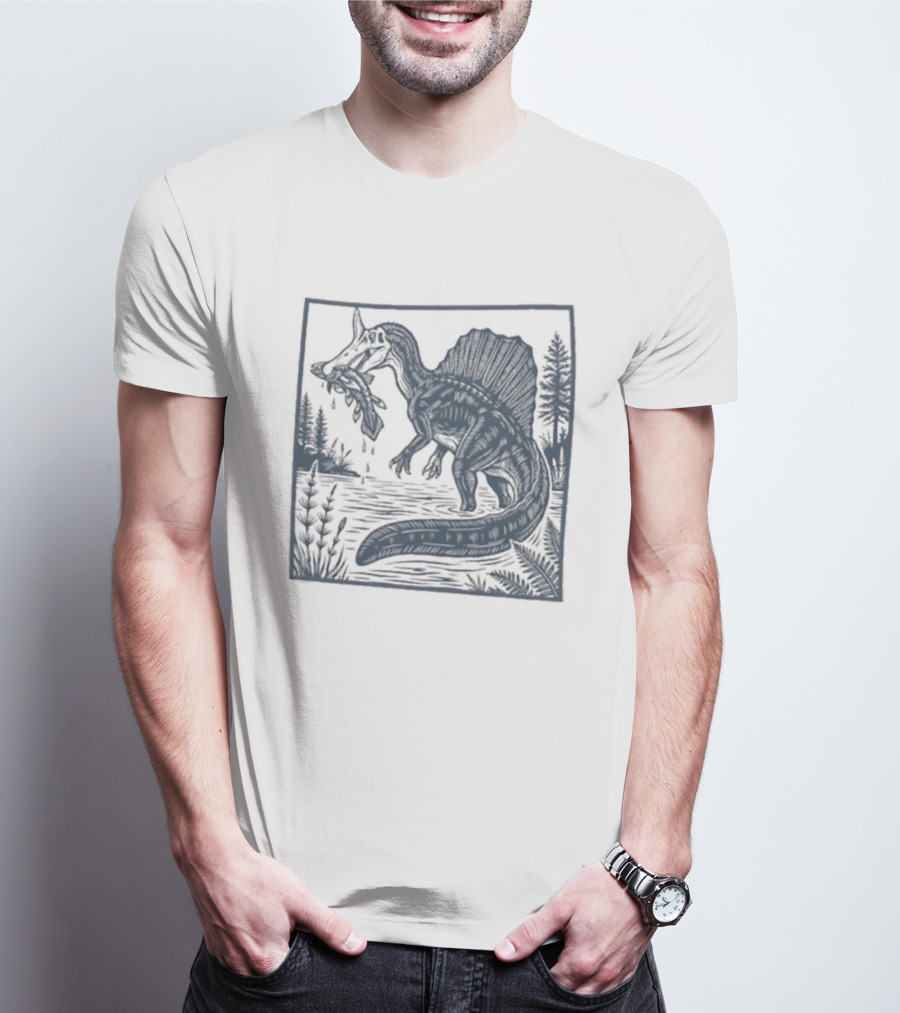 Spinosaurus Catching Fish With Forest T-Shirt