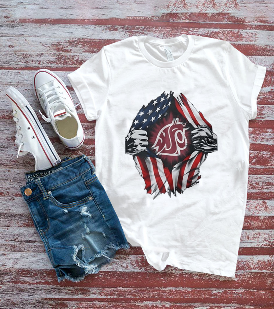 Washington State University Cougars American Flag Ripped Chest T-Shirt