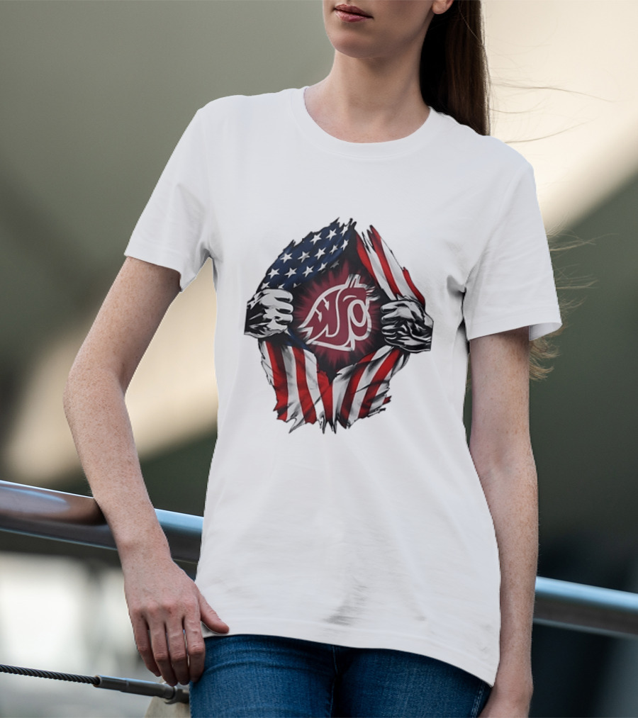 Washington State University Cougars American Flag Ripped Chest T-Shirt