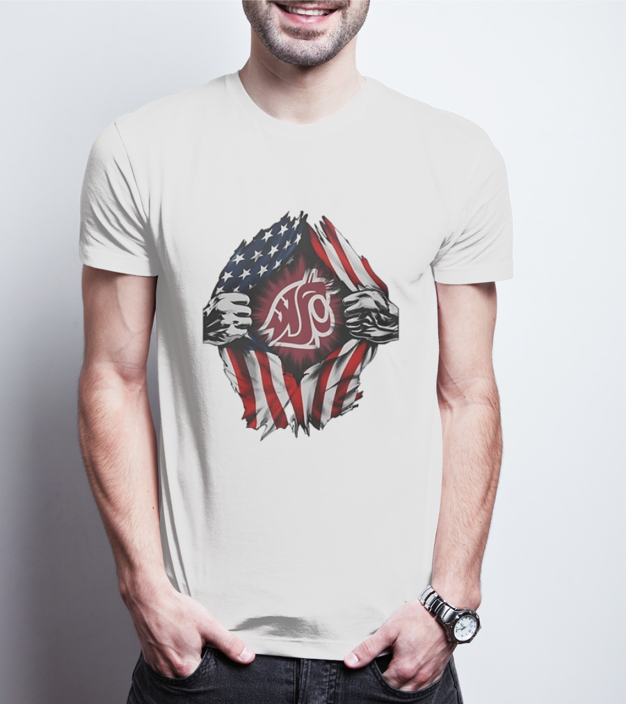 Washington State University Cougars American Flag Ripped Chest T-Shirt