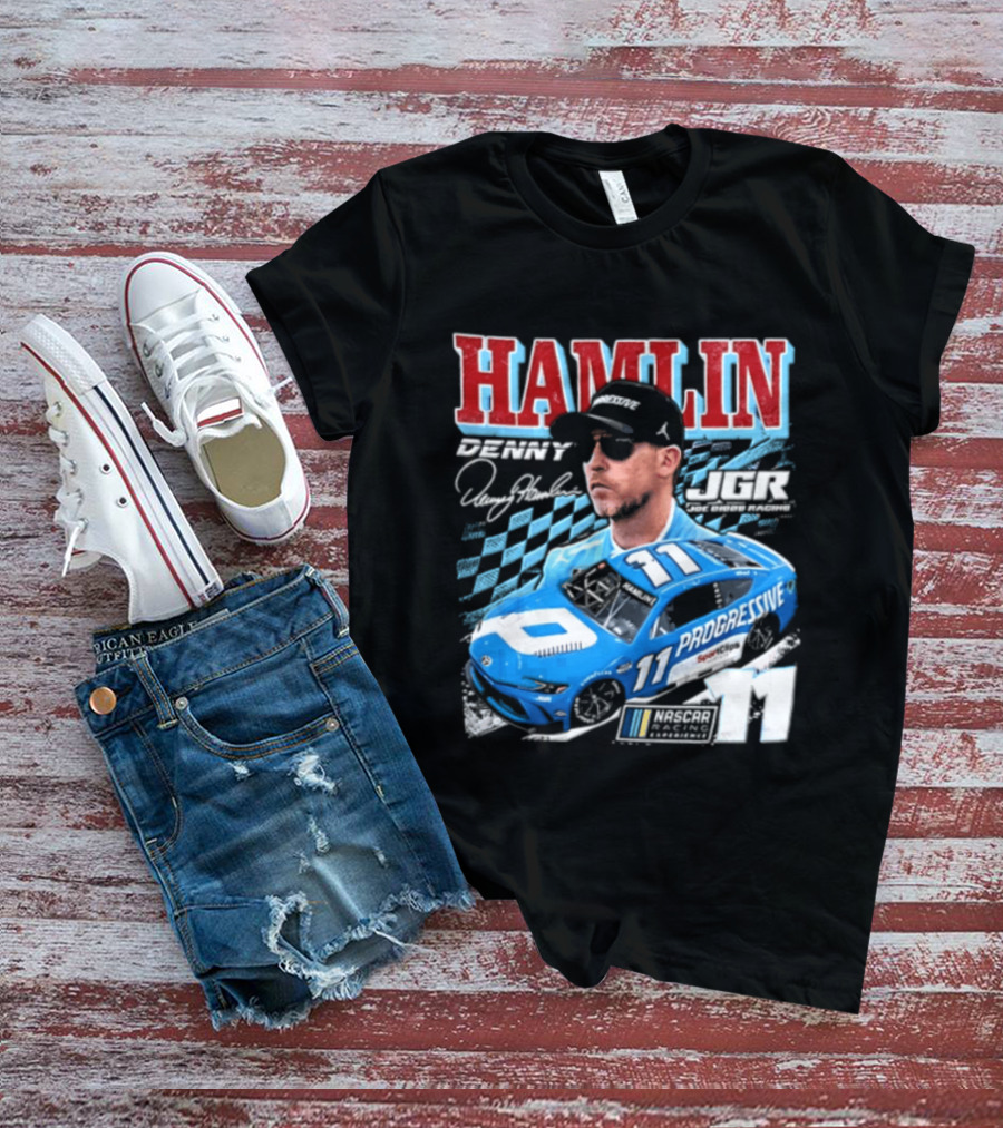 Denny Hamlin Joe Gibbs Racing NASCAR Progressive 11 Racer With Signature And Sunglasses T-Shirt