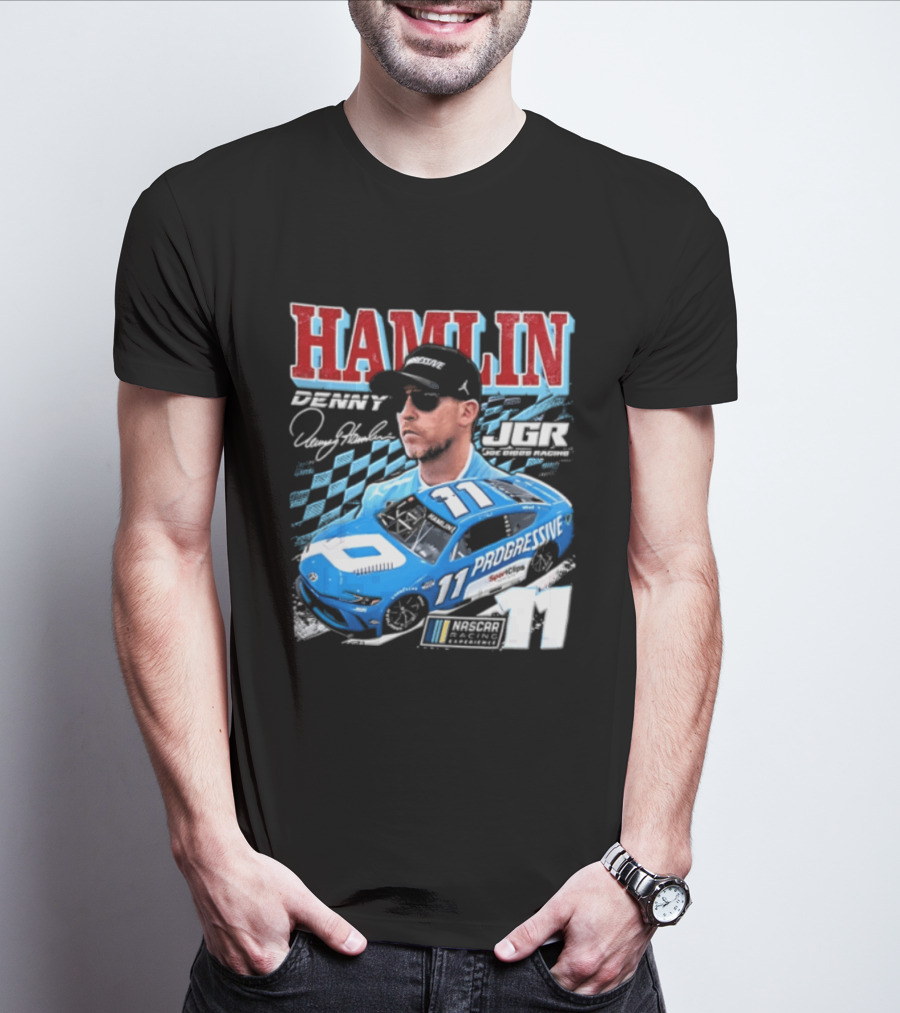 Denny Hamlin Joe Gibbs Racing NASCAR Progressive 11 Racer With Signature And Sunglasses T-Shirt