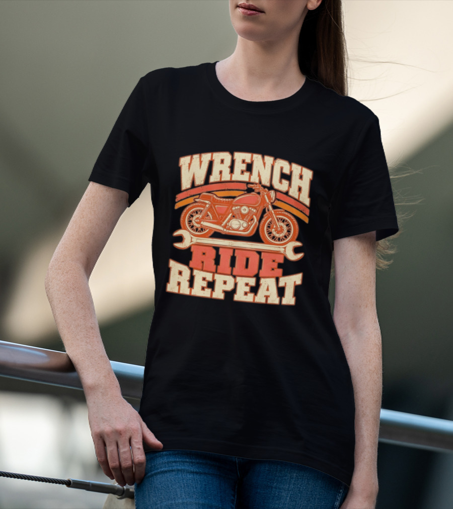Wrench Ride Repeat Motorcycle Mechanic Distressed T-Shirt
