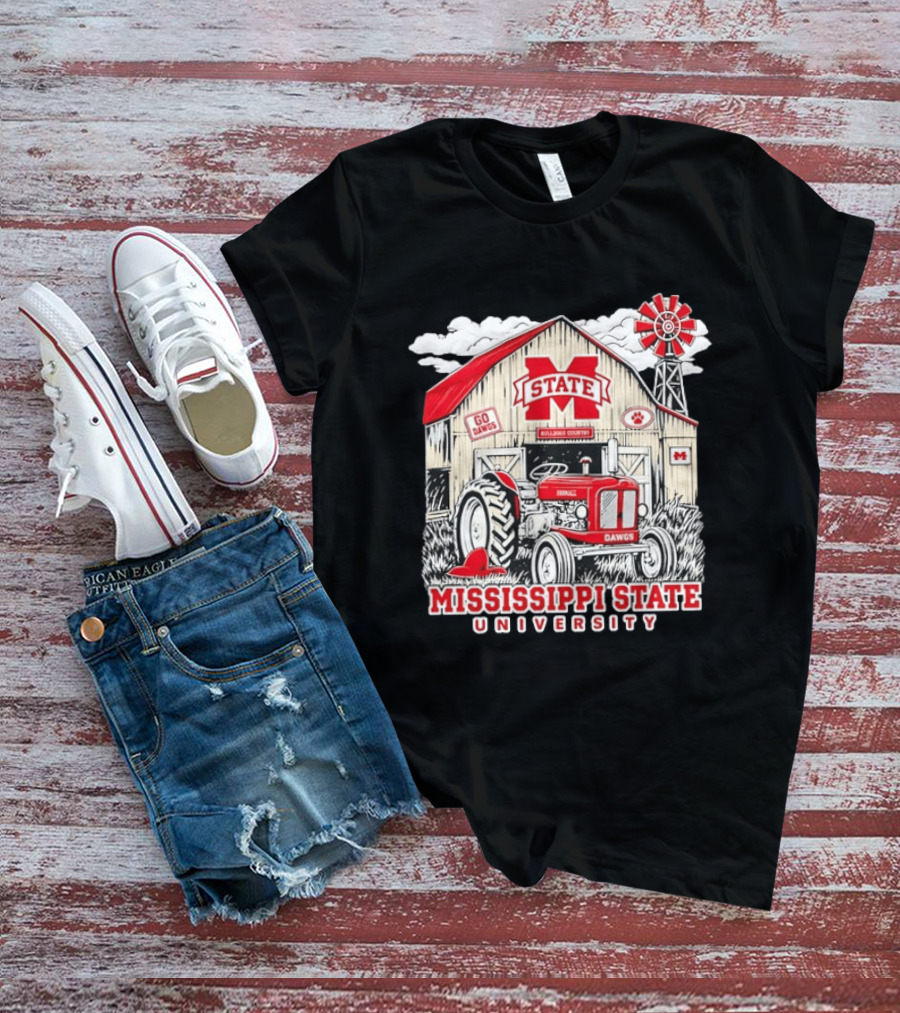 Mississippi State University Bulldogs Country Farmall Tractor Barn With Go Dawgs And Windmill T-Shirt