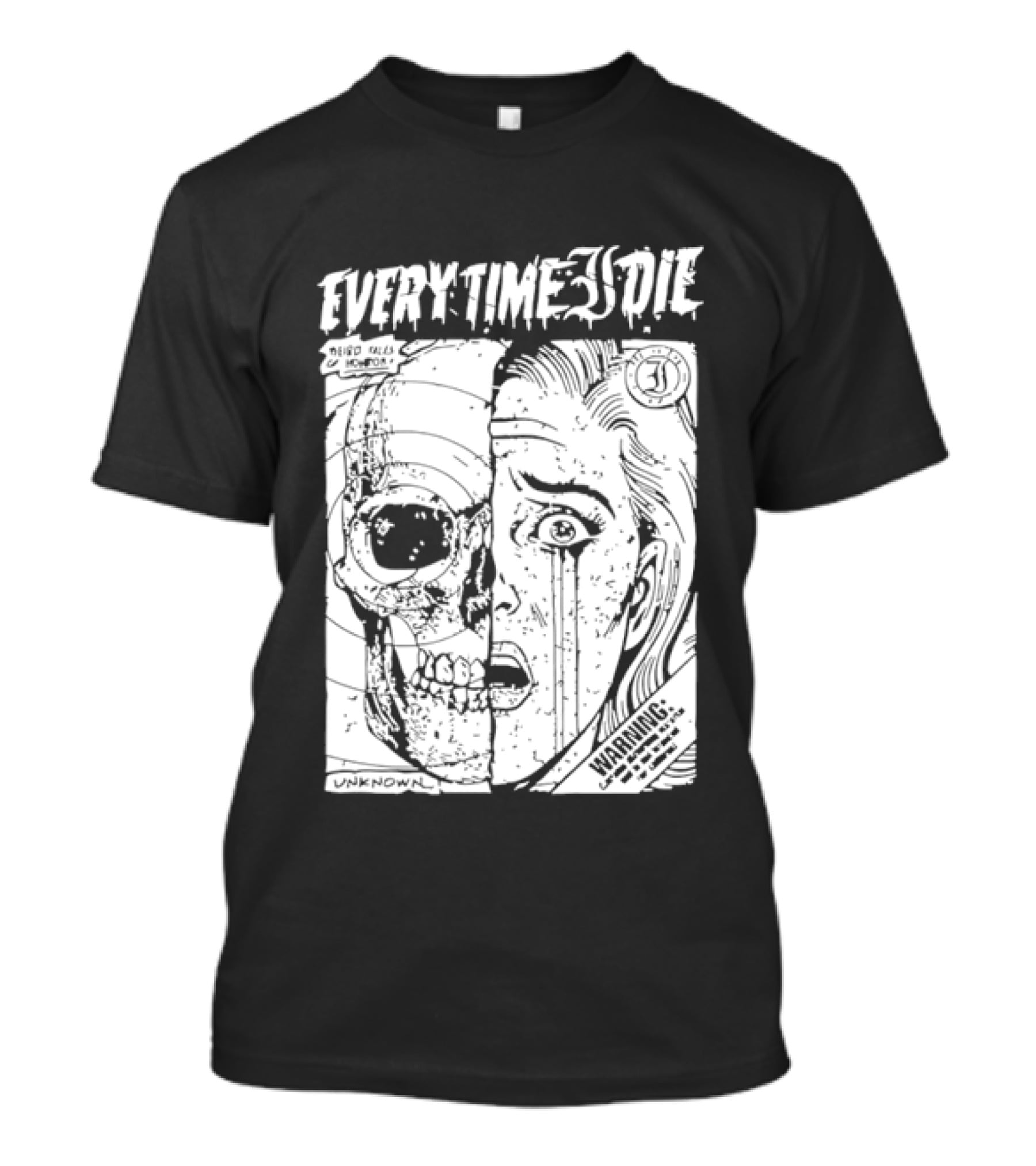 Every Time I Die Weird Tales Horror Warning Skull Face Half Human T-Shirt