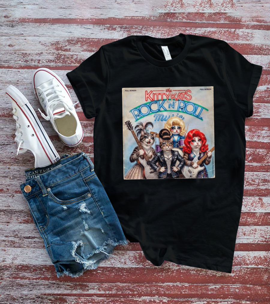 The Kitty Kats Rock 'N' Roll Music Full Screen Vintage Cats With Guitars T-Shirt