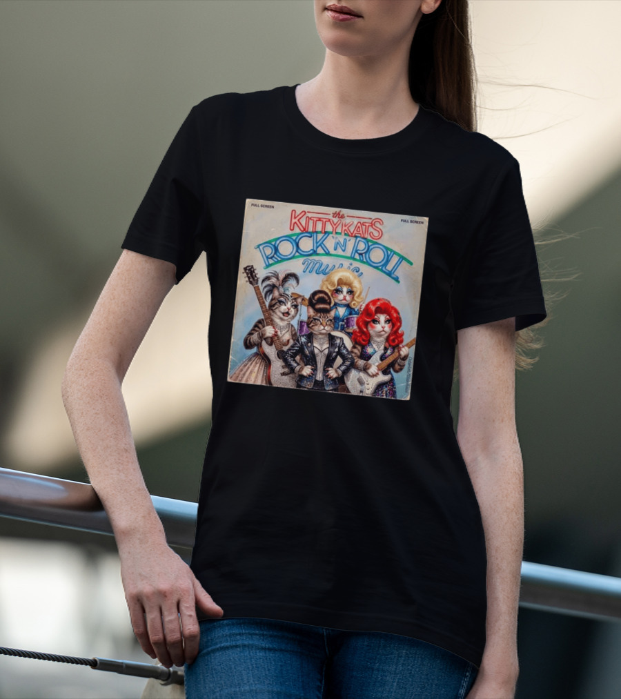 The Kitty Kats Rock 'N' Roll Music Full Screen Vintage Cats With Guitars T-Shirt