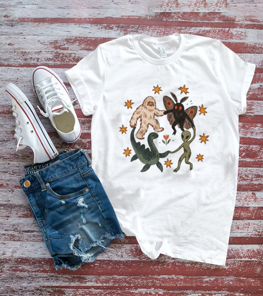 Bigfoot Mothman Loch Ness Monster Alien Dancing Cryptids With Stars T-Shirt