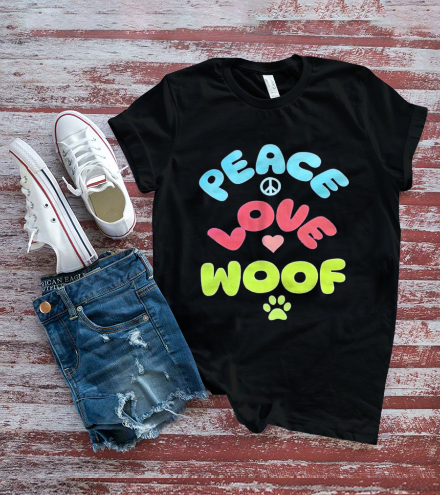 Peace Love Woof Paw Dog Lover Peace Sign Heart T-Shirt