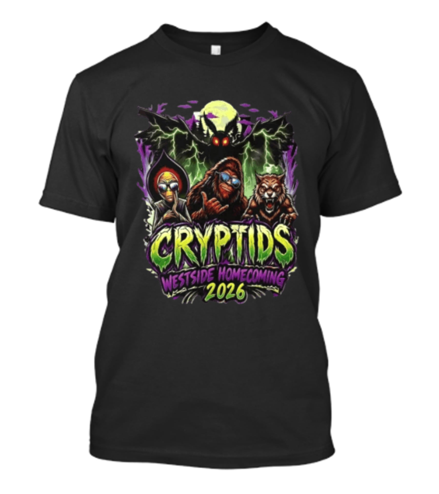 Cryptids Alien Bigfoot Werewolf Mothman Westside Homecoming 2026 Moon Lightning T-Shirt