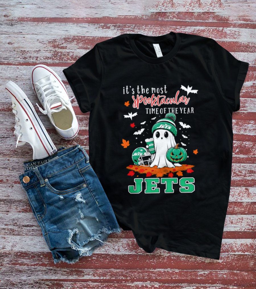 New York Jets Halloween Spooktacular Time Of The Year Football Ghost And Pumpkin T-Shirt