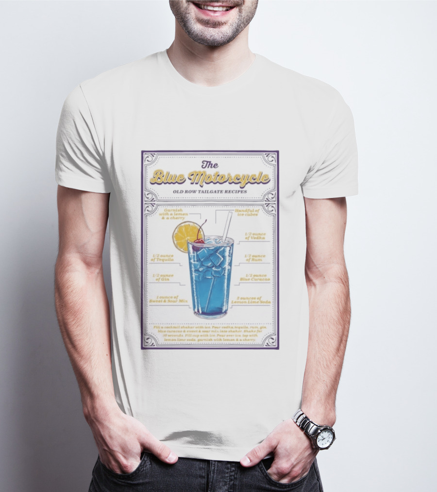 The Blue Motorcycle Old Row Tailgate Cocktail Recipe Guide With Vodka Rum Tequila Gin Blue Curacao Lemon Lime Soda T-Shirt