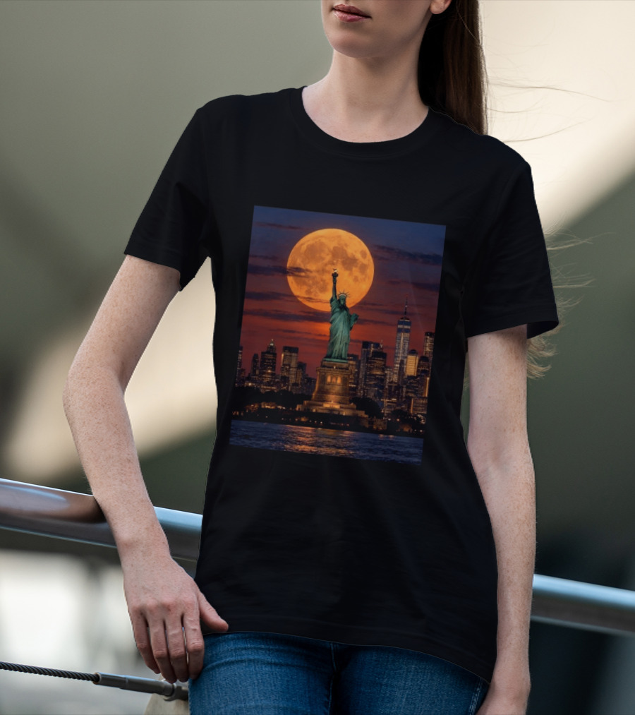 Harvest Moon Over Lady Liberty New York City Skyline September 26 T-Shirt