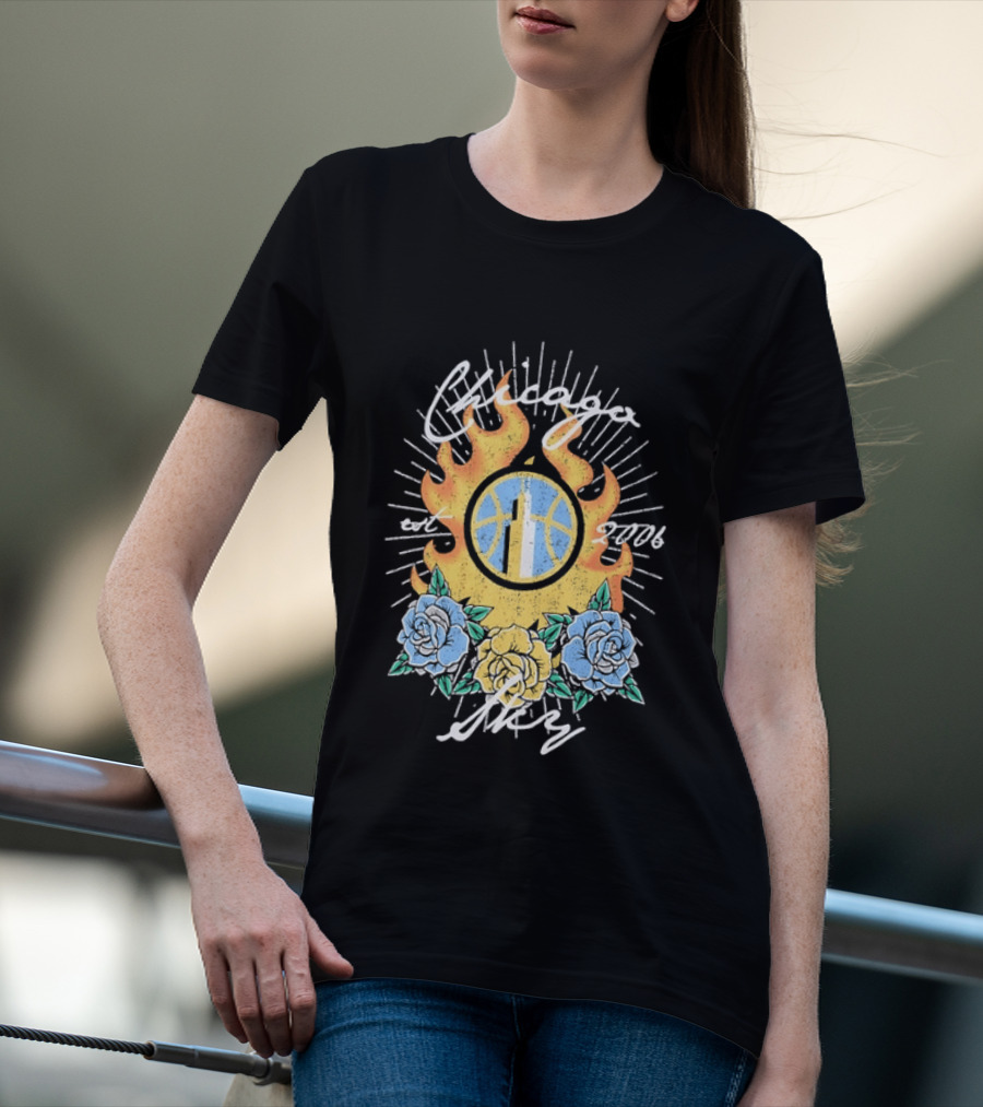 Chicago Sky Est 2006 WNBA Distressed Floral Basketball Flame T-Shirt