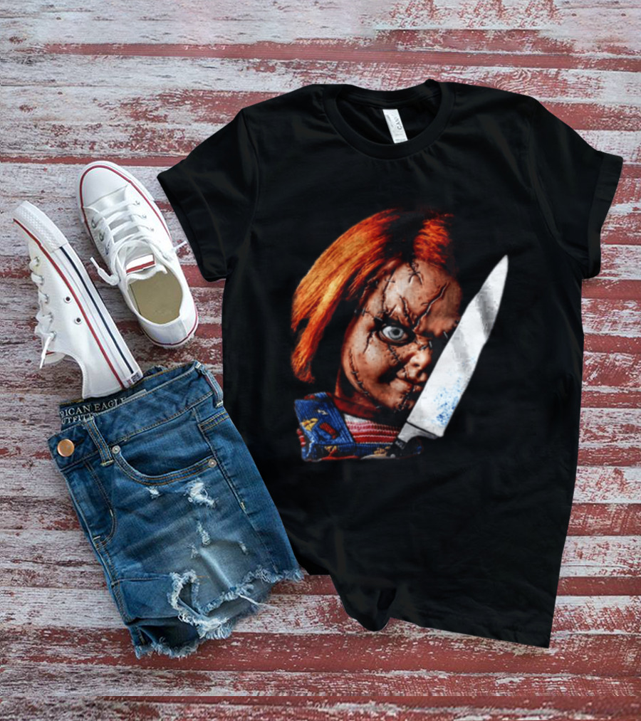 Chucky Child's Play Stitched Doll Knife Horror Movie Character 2 Sided T-Shirt