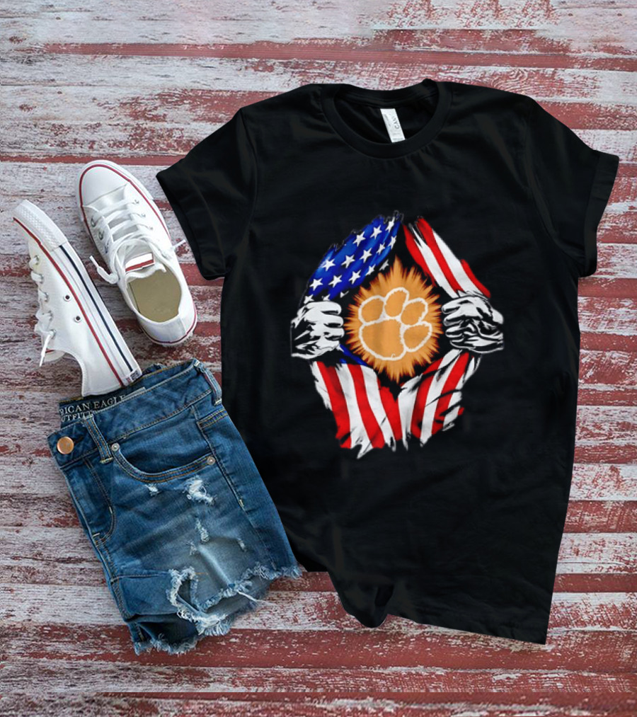 Clemson Tigers Paw Print Ripped American Flag T-Shirt