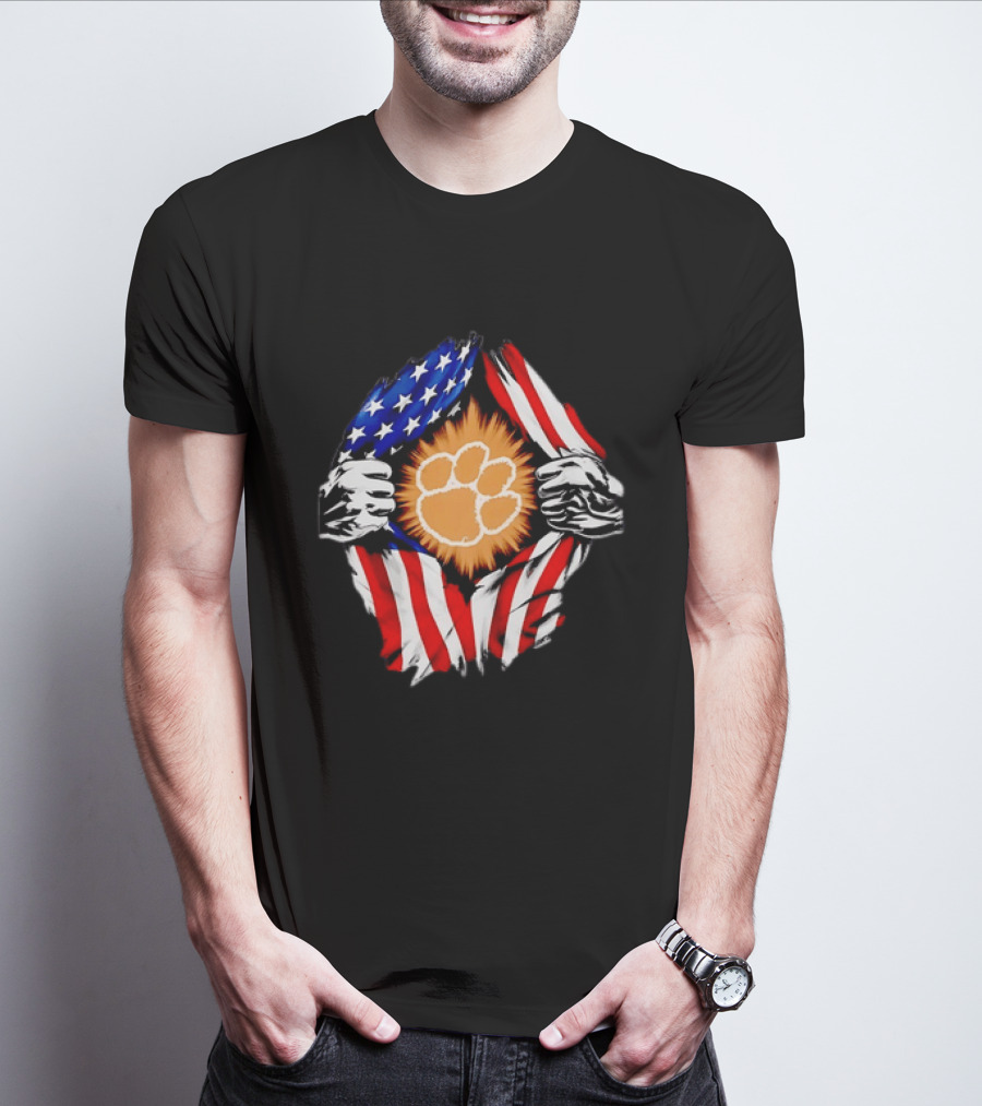 Clemson Tigers Paw Print Ripped American Flag T-Shirt
