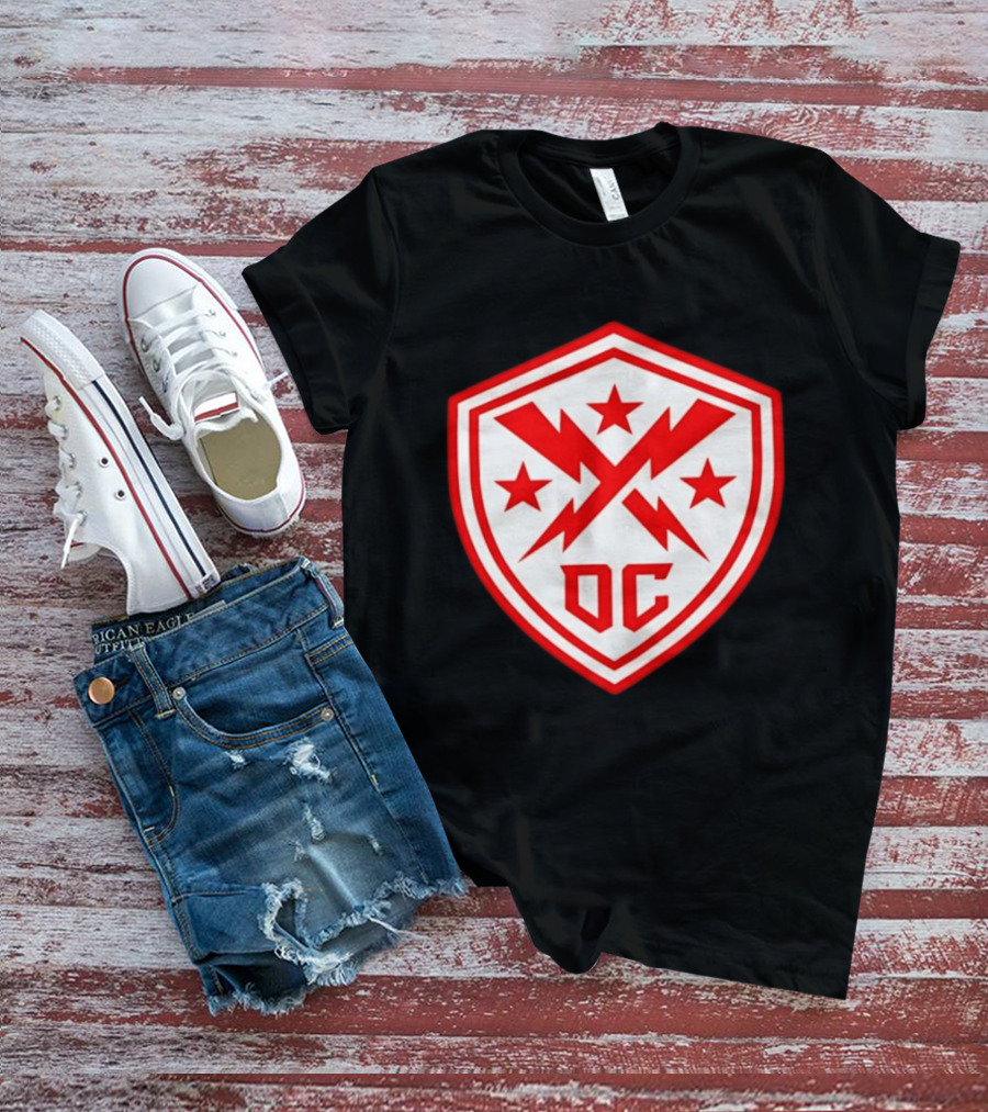 DC Shield Lightning Bolts Stars Emblem Red White T-Shirt