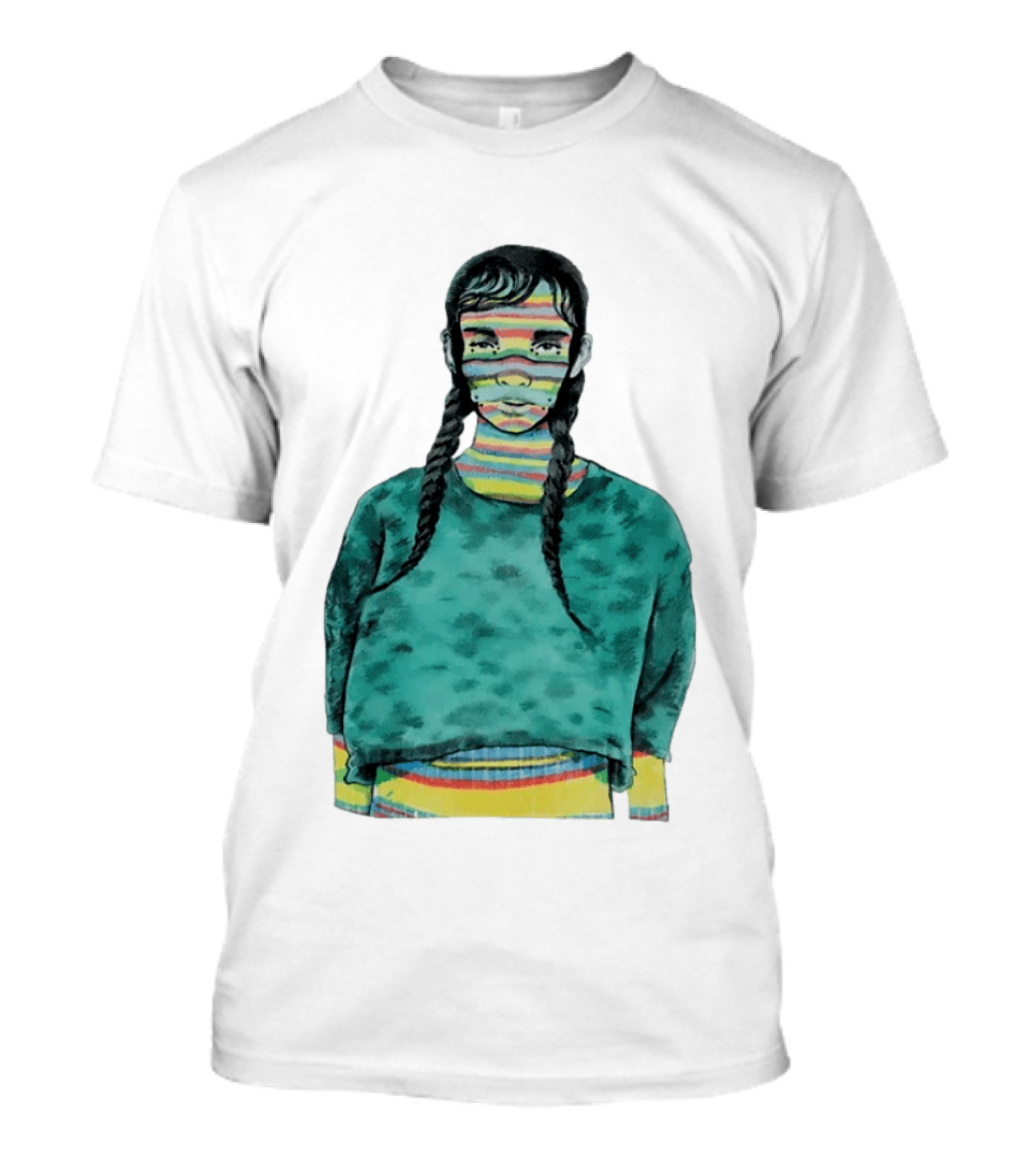 Girl With Braids Colorful Striped Face And Green Sweater T-Shirt