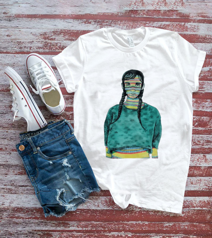 Girl With Braids Colorful Striped Face And Green Sweater T-Shirt