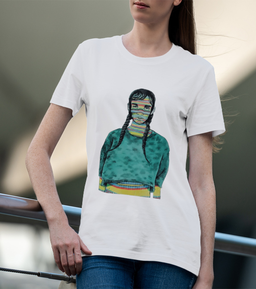 Girl With Braids Colorful Striped Face And Green Sweater T-Shirt