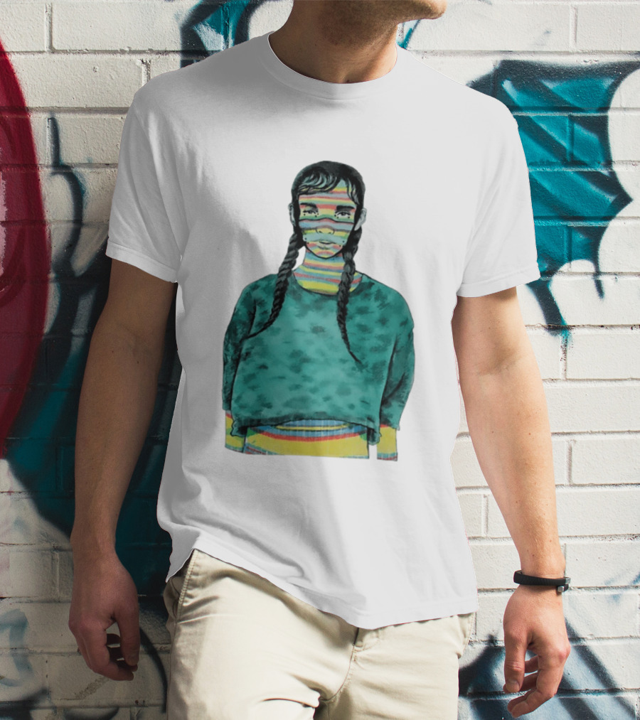 Girl With Braids Colorful Striped Face And Green Sweater T-Shirt