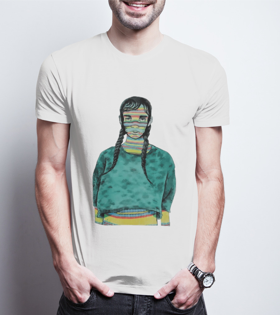 Girl With Braids Colorful Striped Face And Green Sweater T-Shirt