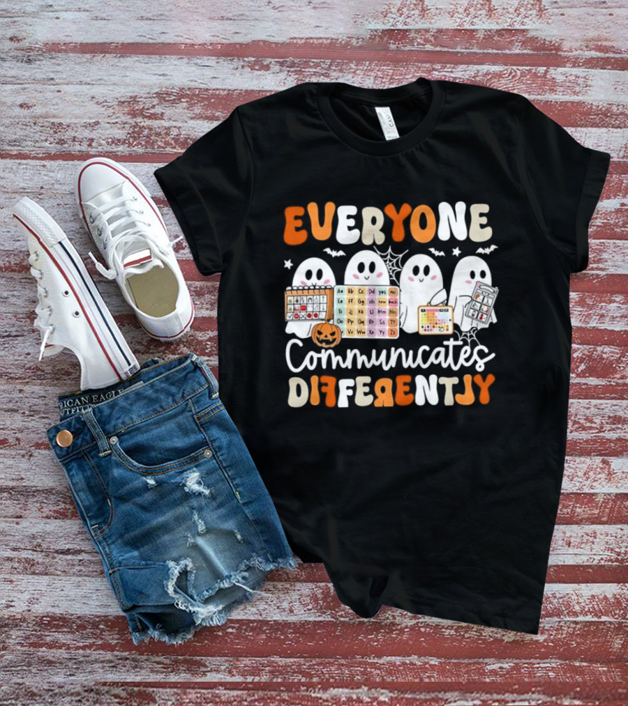 Everyone Communicates Differently Halloween Ghosts AAC Awareness T-Shirt