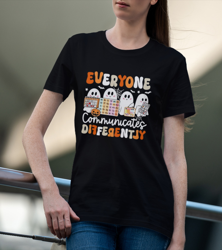Everyone Communicates Differently Halloween Ghosts AAC Awareness T-Shirt