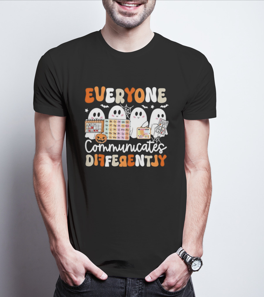 Everyone Communicates Differently Halloween Ghosts AAC Awareness T-Shirt