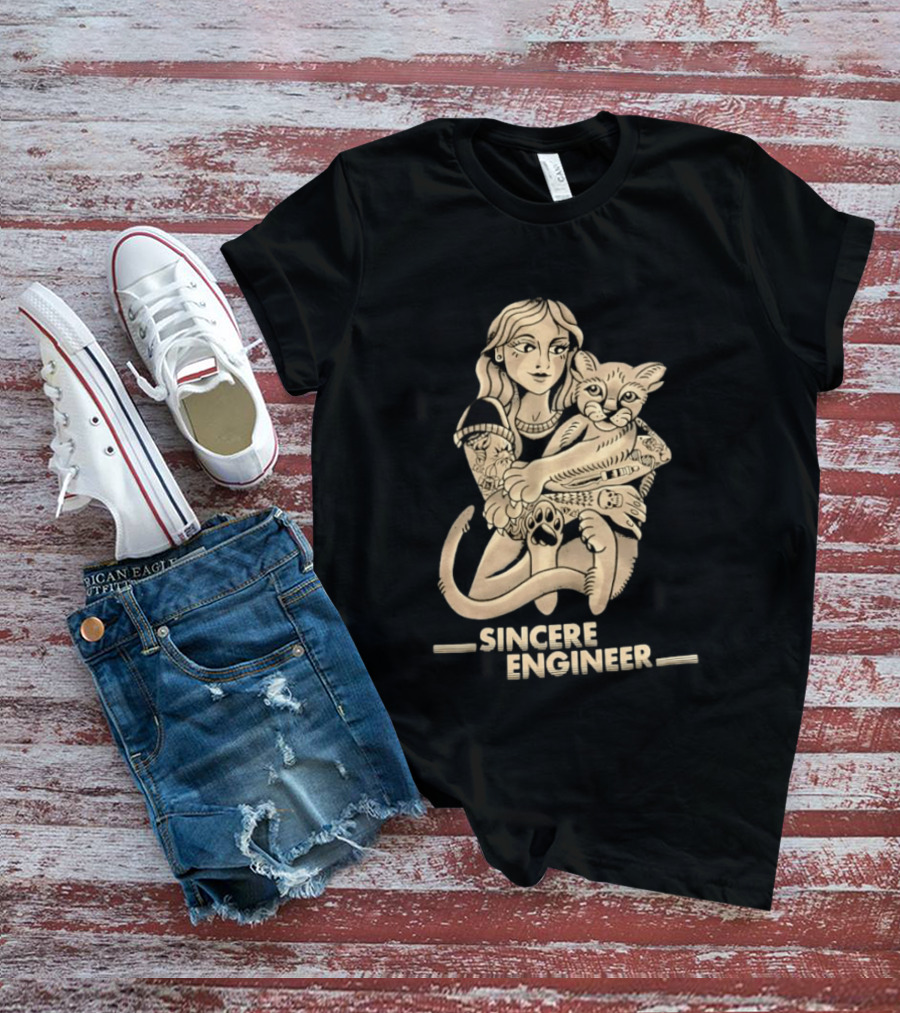Tattooed Woman Hugging Cat Sincere Engineer T-Shirt