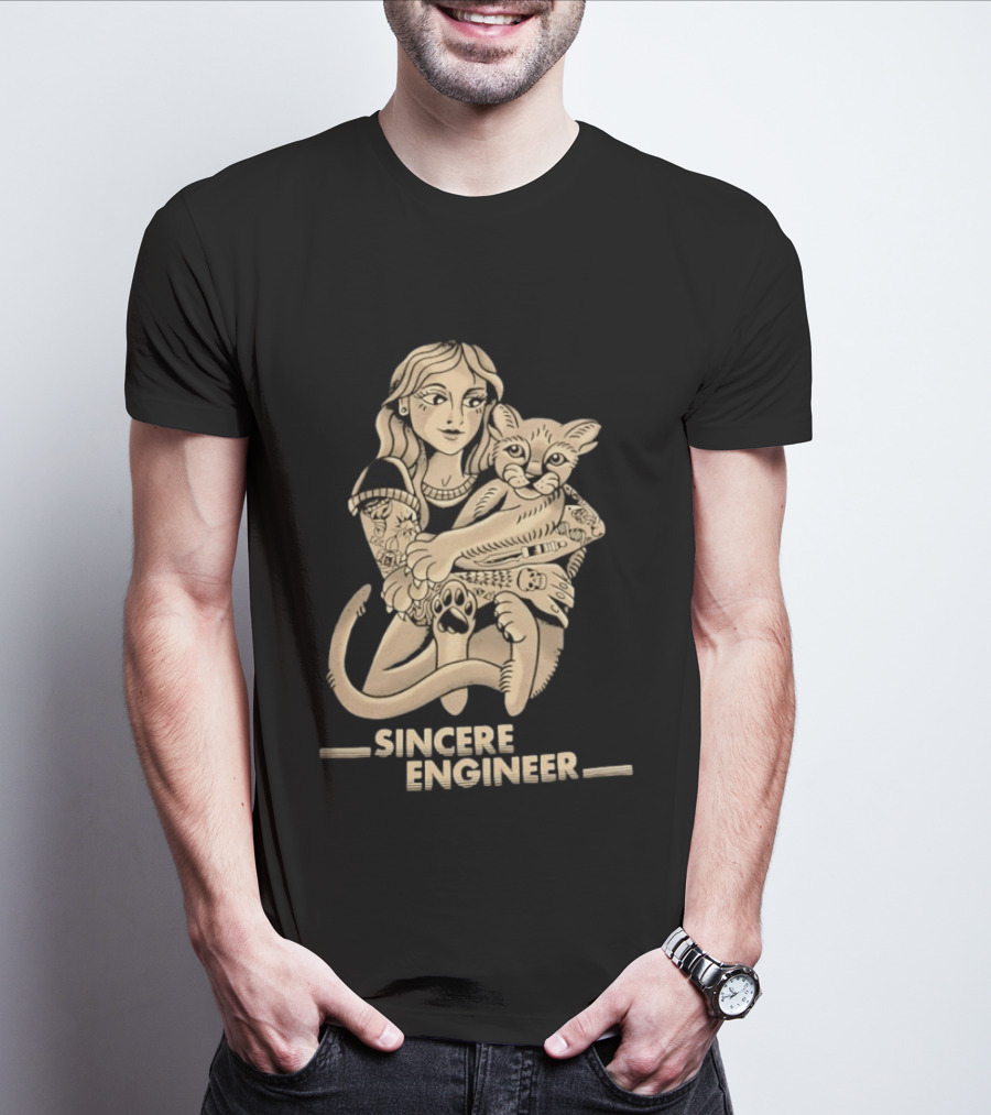 Tattooed Woman Hugging Cat Sincere Engineer T-Shirt