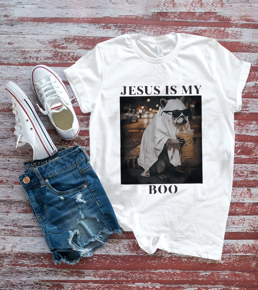 Jesus Is My Boo Raccoon With Iced Coffee And Sunglasses T-Shirt