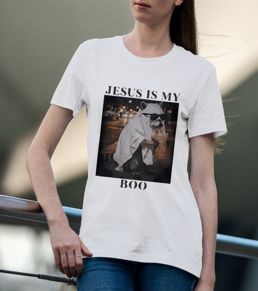 Jesus Is My Boo Raccoon With Iced Coffee And Sunglasses T-Shirt