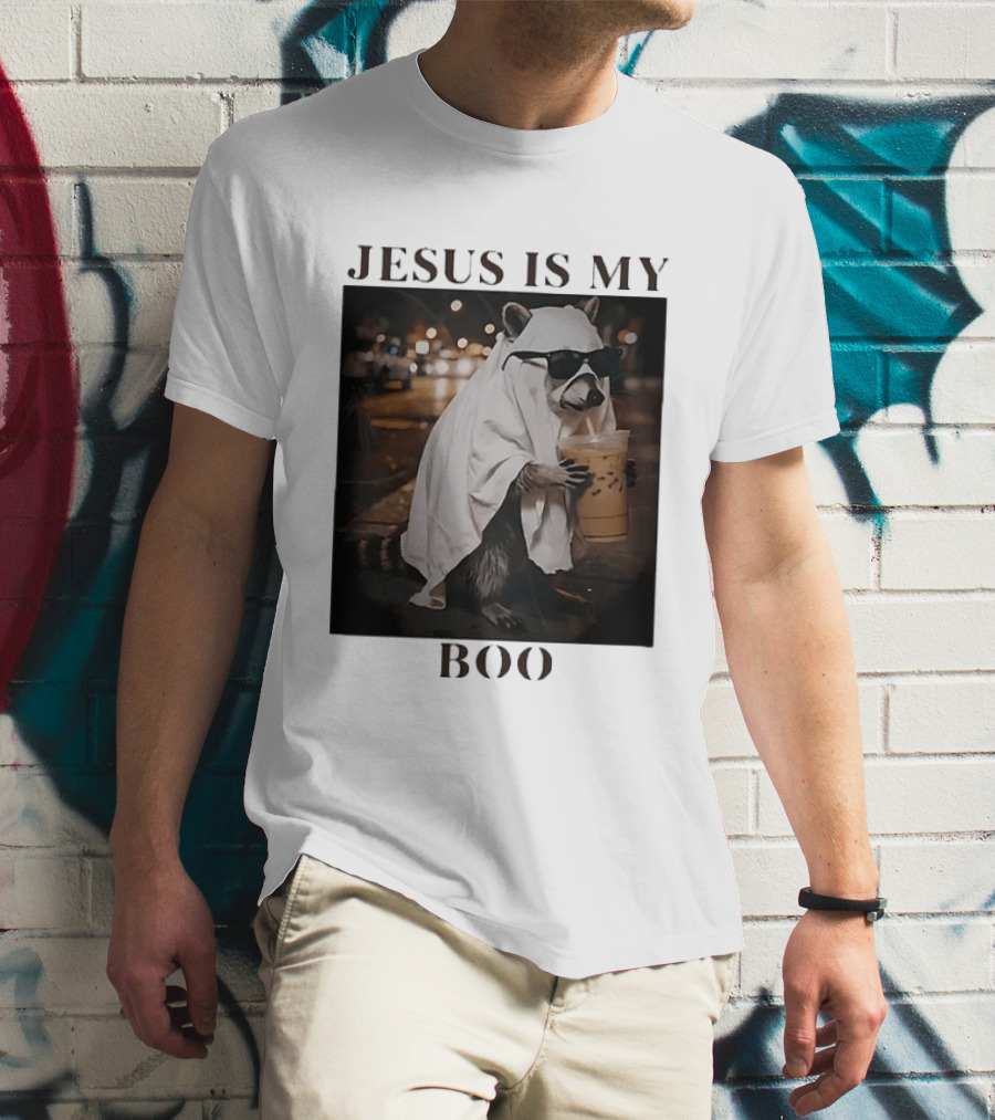 Jesus Is My Boo Raccoon With Iced Coffee And Sunglasses T-Shirt