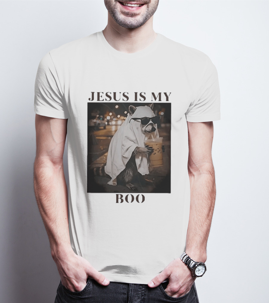Jesus Is My Boo Raccoon With Iced Coffee And Sunglasses T-Shirt