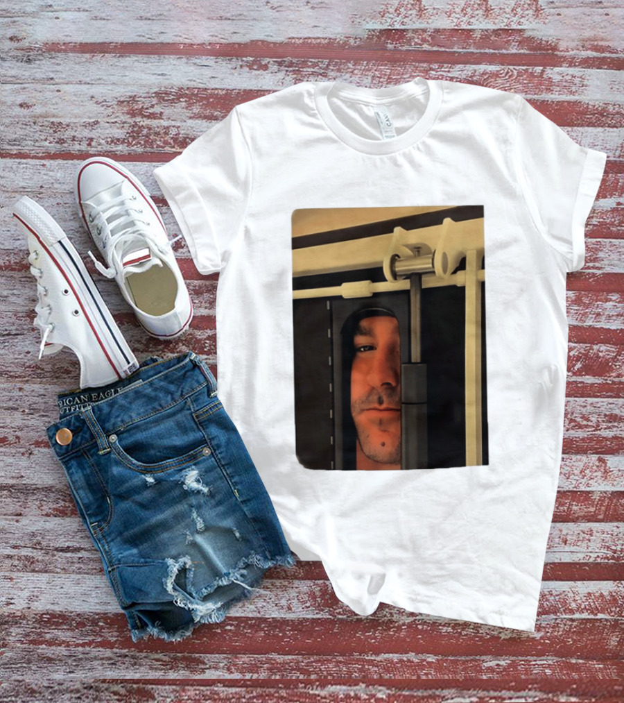 Man Peeking Through Door Face Hidden Observation Doorway T-Shirt