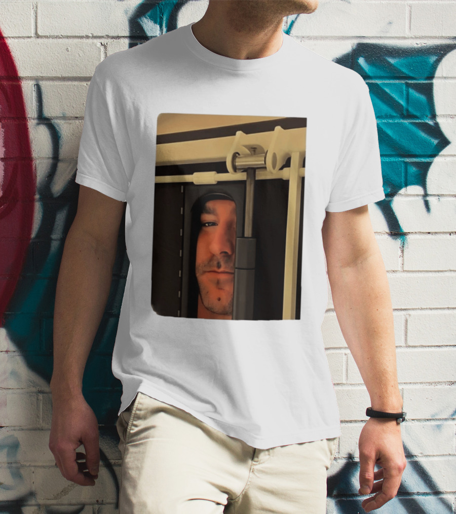 Man Peeking Through Door Face Hidden Observation Doorway T-Shirt