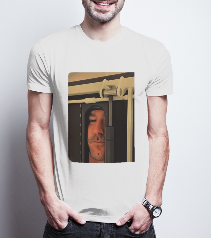 Man Peeking Through Door Face Hidden Observation Doorway T-Shirt