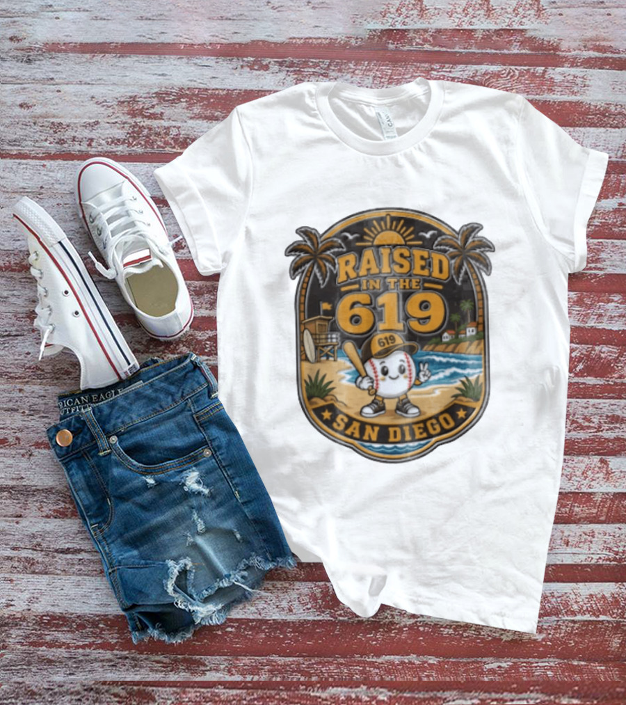 Raised In The 619 Baseball Character San Diego Beach Sunset Palm Trees T-Shirt