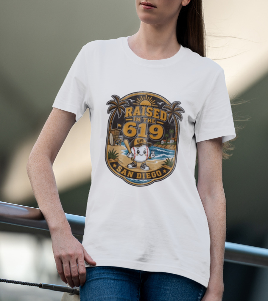 Raised In The 619 Baseball Character San Diego Beach Sunset Palm Trees T-Shirt