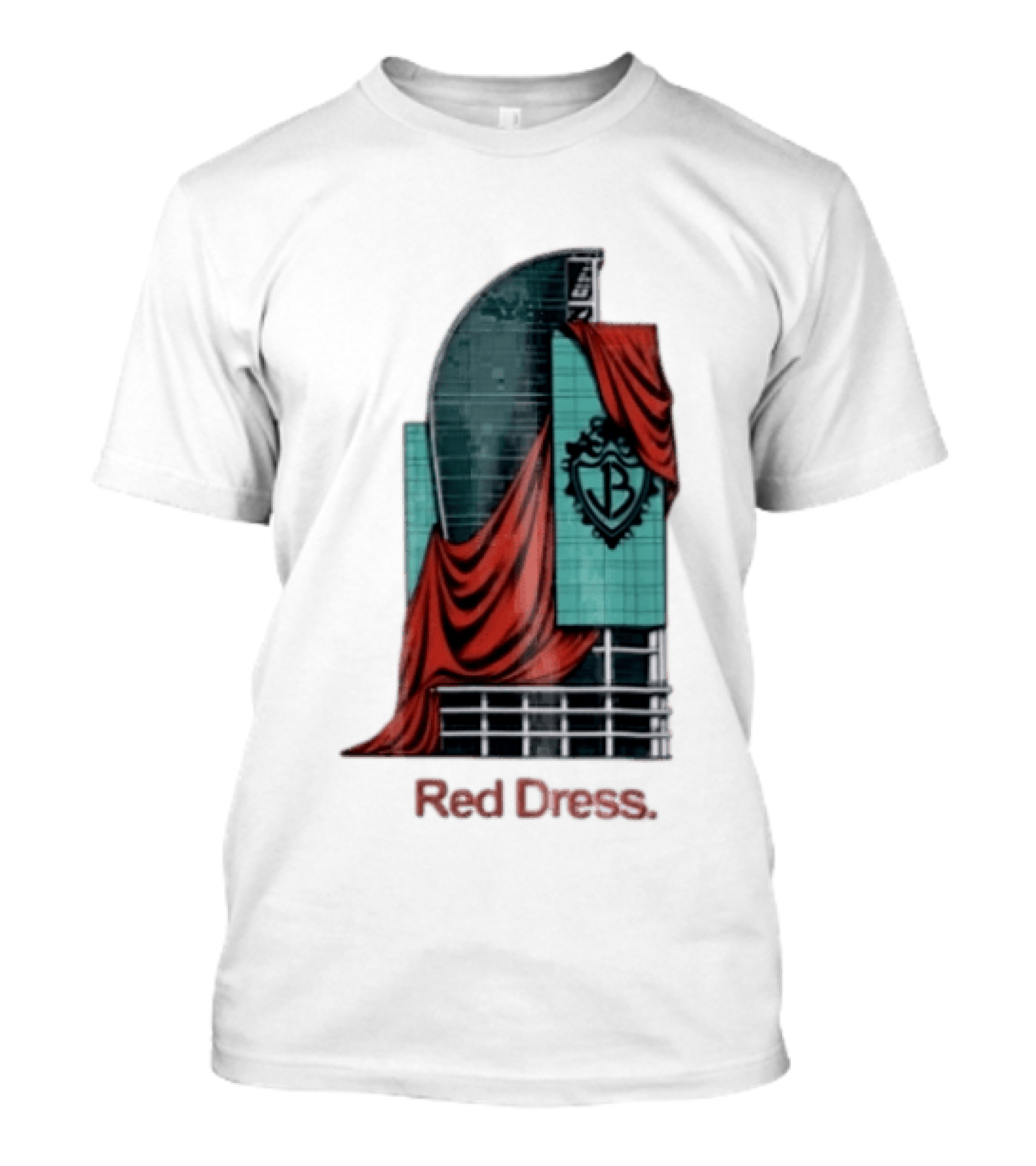 Red Dress Red Drapes Over Modern Skyscraper With Shield T-Shirt