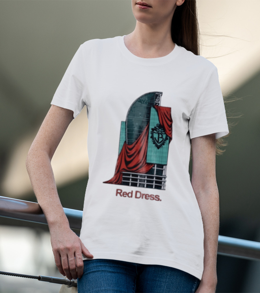 Red Dress Red Drapes Over Modern Skyscraper With Shield T-Shirt