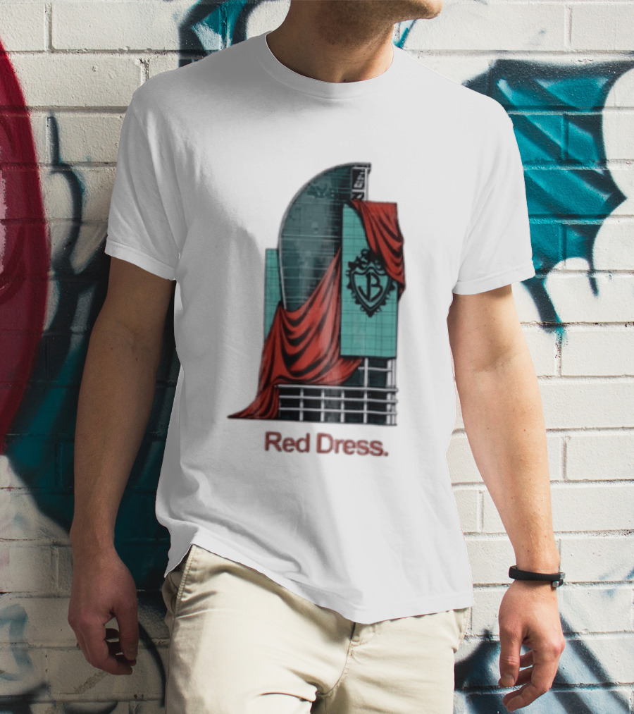 Red Dress Red Drapes Over Modern Skyscraper With Shield T-Shirt