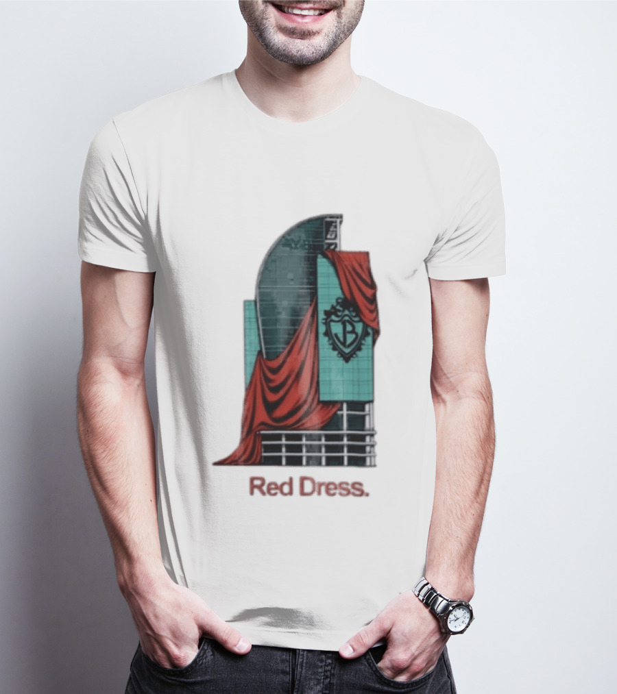 Red Dress Red Drapes Over Modern Skyscraper With Shield T-Shirt