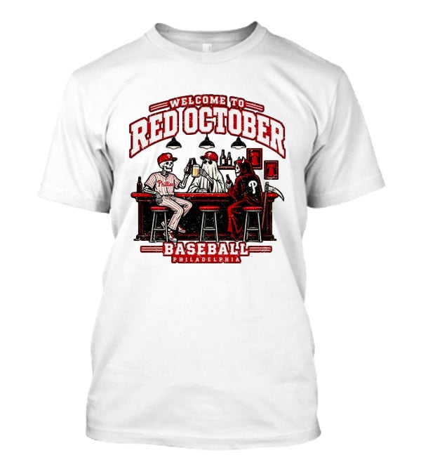 Welcome To Red October Baseball Philadelphia Halloween Skeletons And Ghost At Bar T-Shirt