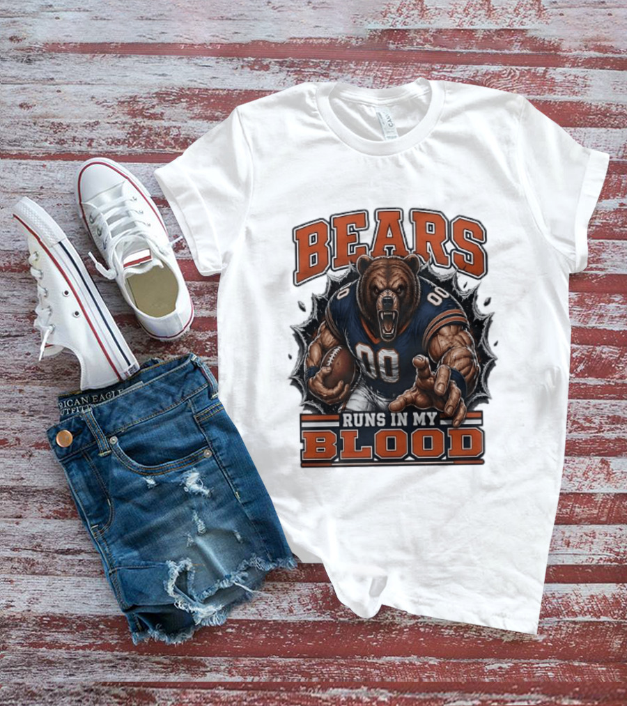 Bears Runs In My Blood Football Fierce Bear Holding Ball T-Shirt