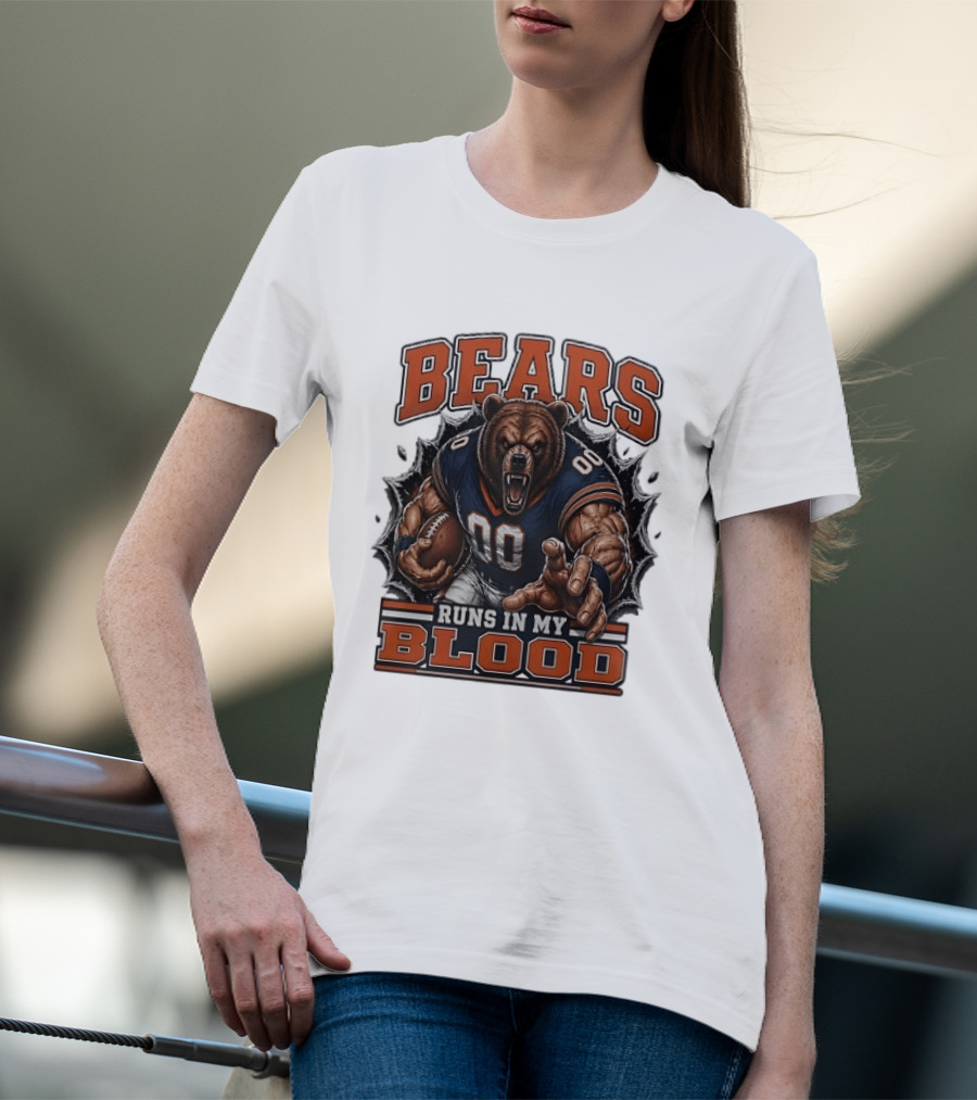 Bears Runs In My Blood Football Fierce Bear Holding Ball T-Shirt