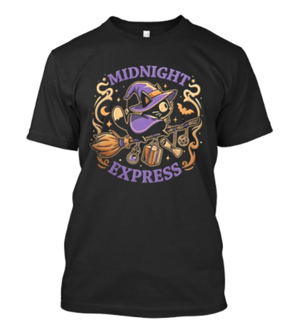 Midnight Express Cat Witch Flying On Broomstick With Potions And Bat T-Shirt